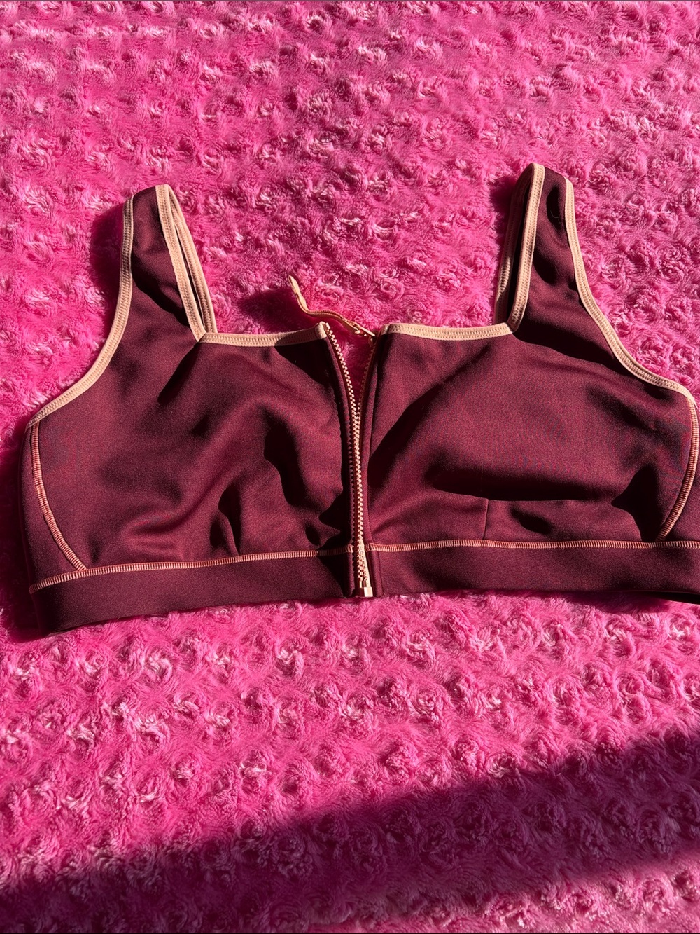 Fabletics Burgundy Sports Bra with Blush Trim - Front Zip